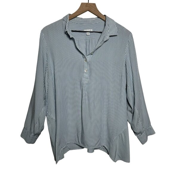 J.Jill Womens Blue White Stripe Roll Tab Sleeve Blouse Sz Large Coastal Preppy - Picture 1 of 12
